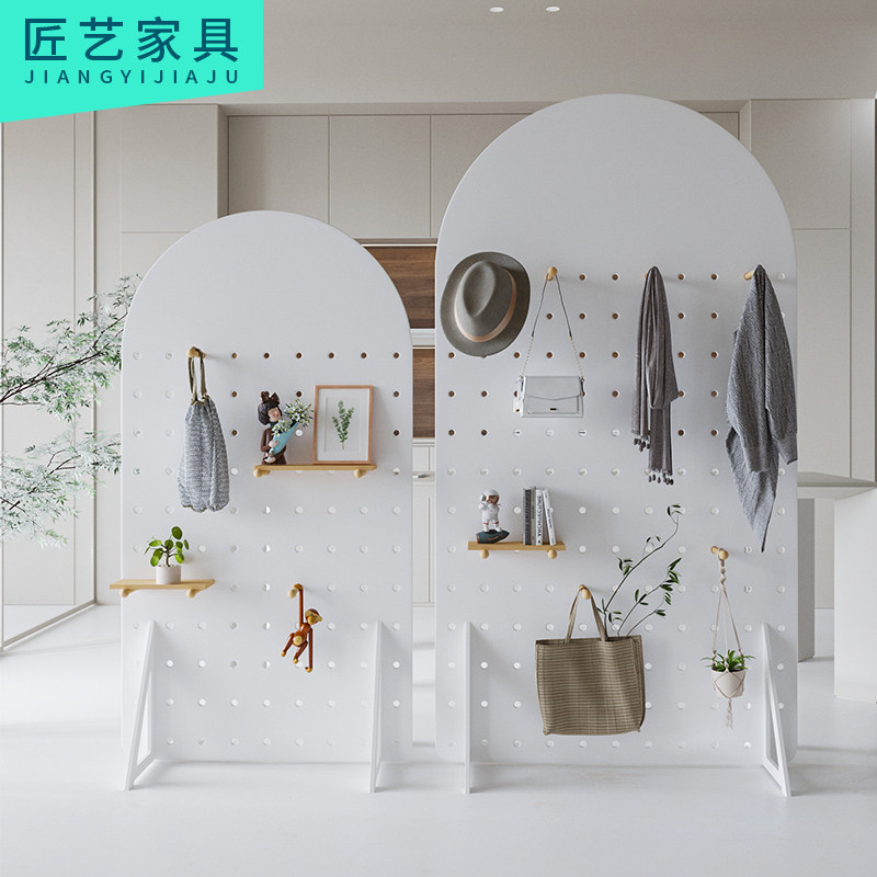 洞洞板置物架玄关客厅装饰收纳架实木落地商用展示架直播背景屏风
