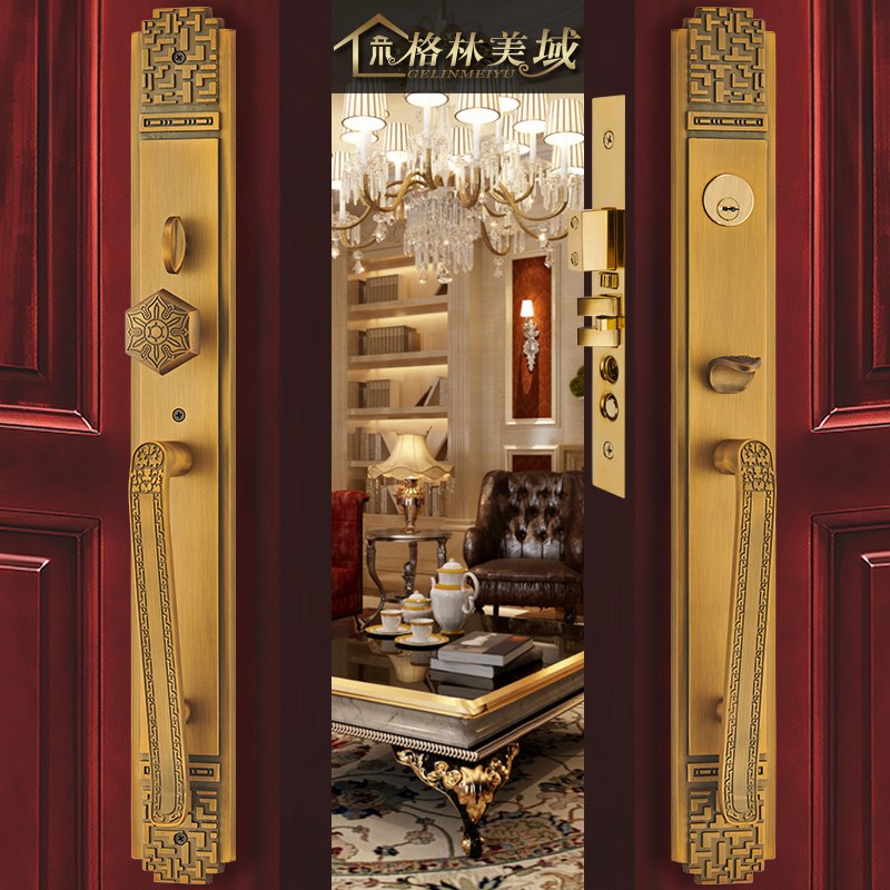 格林美域 新中式黄铜别墅大门锁 实木双开门大把手锁对开入户门锁