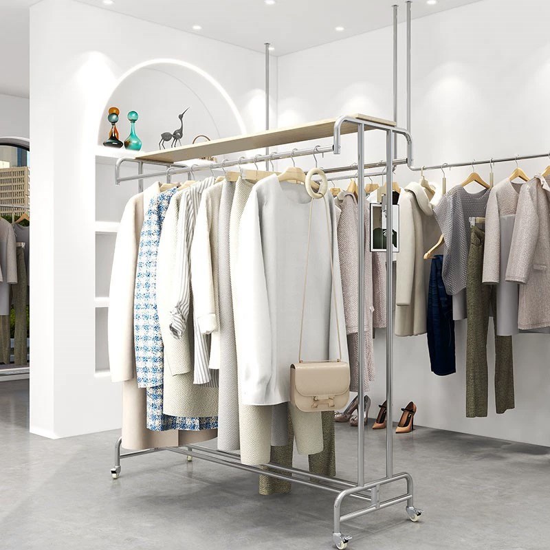 服装店衣架展示架落地式不锈钢双排双杠中岛货架女装店挂衣服架子