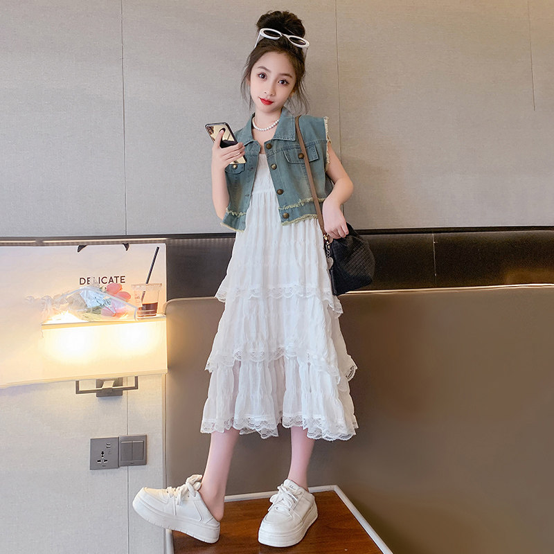 女童夏装套装2023新款时髦洋气中大儿童牛仔马甲吊带裙两件套夏季
