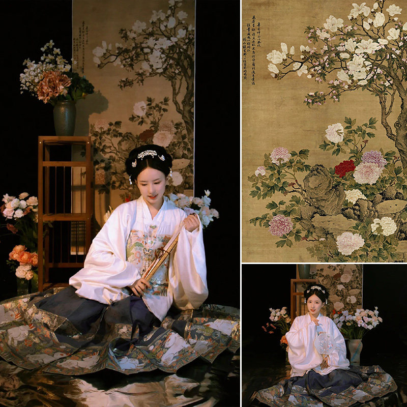 玉堂富贵图工笔画中式婚纱照背景布影楼复古旗袍情侣背景纸古装摄