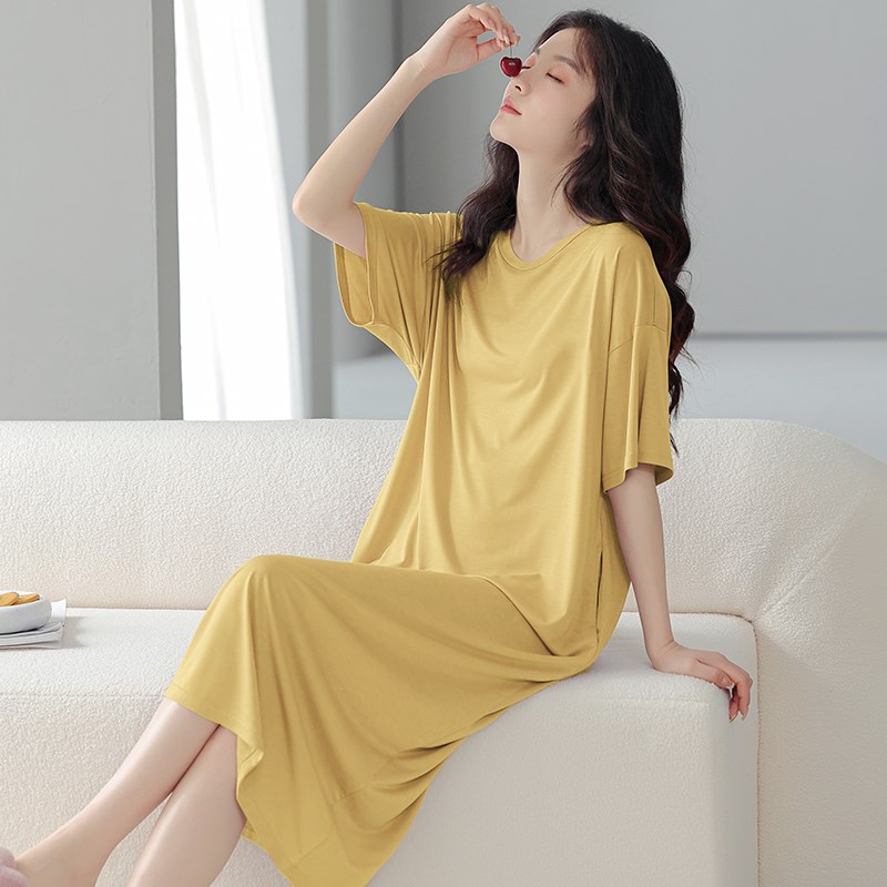 棉绸睡裙女款夏季2025新款夏天大码灰蓝可外穿孕妇睡衣带胸垫一体
