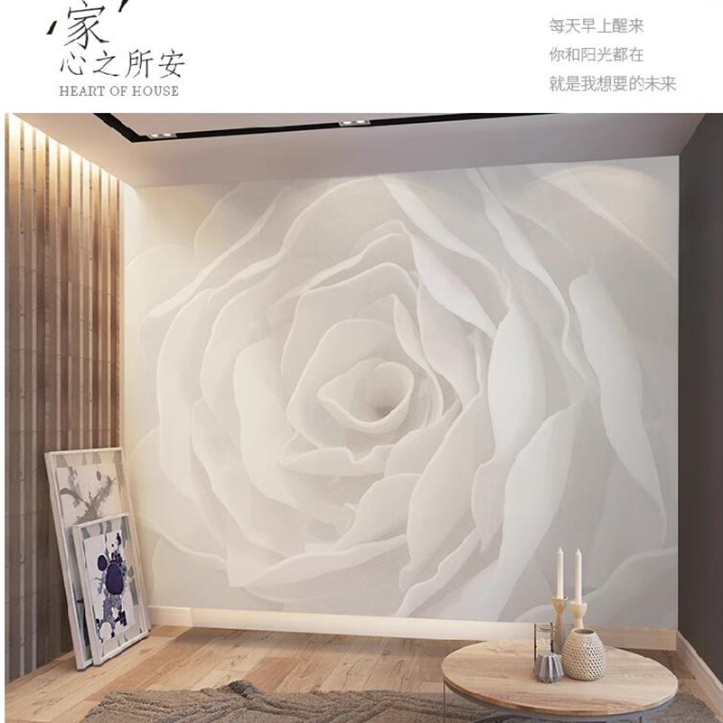 现代简约白玫瑰电视背景墙纸卧室客厅壁纸布大气温馨玫瑰淡雅壁画
