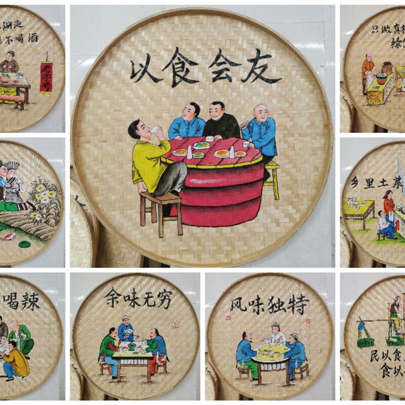手绘竹编簸箕画装饰品餐厅挂饰米筛墙饰田园农村墙壁挂农家乐挂画