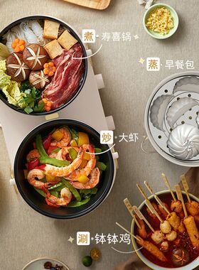 电煮锅鸳鸯火锅分体式多功能可分离电煮锅煎炒电热锅不粘锅1-2人