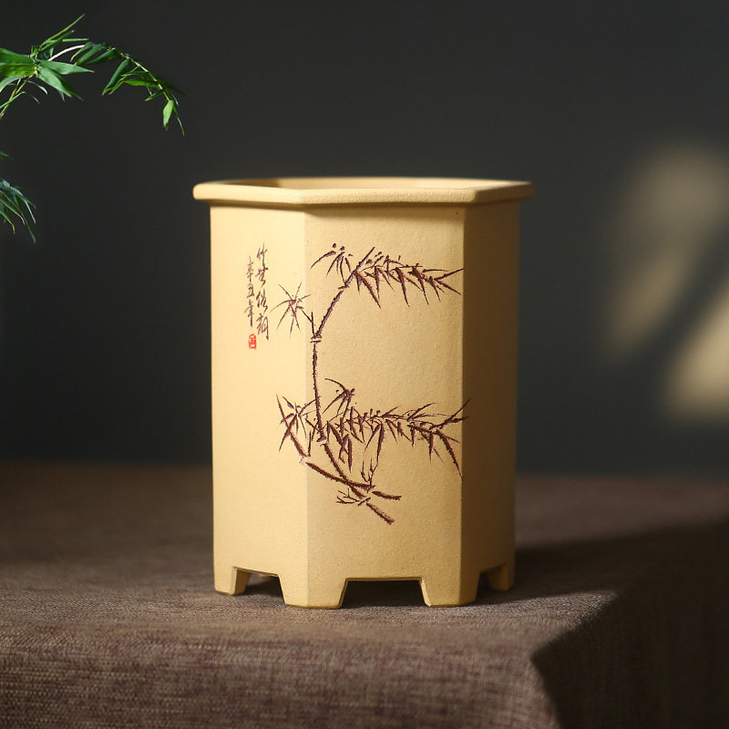 紫砂花盆 盆景盆 兰花盆六方多肉植物绿植桌面中国风陶瓷花盆包邮