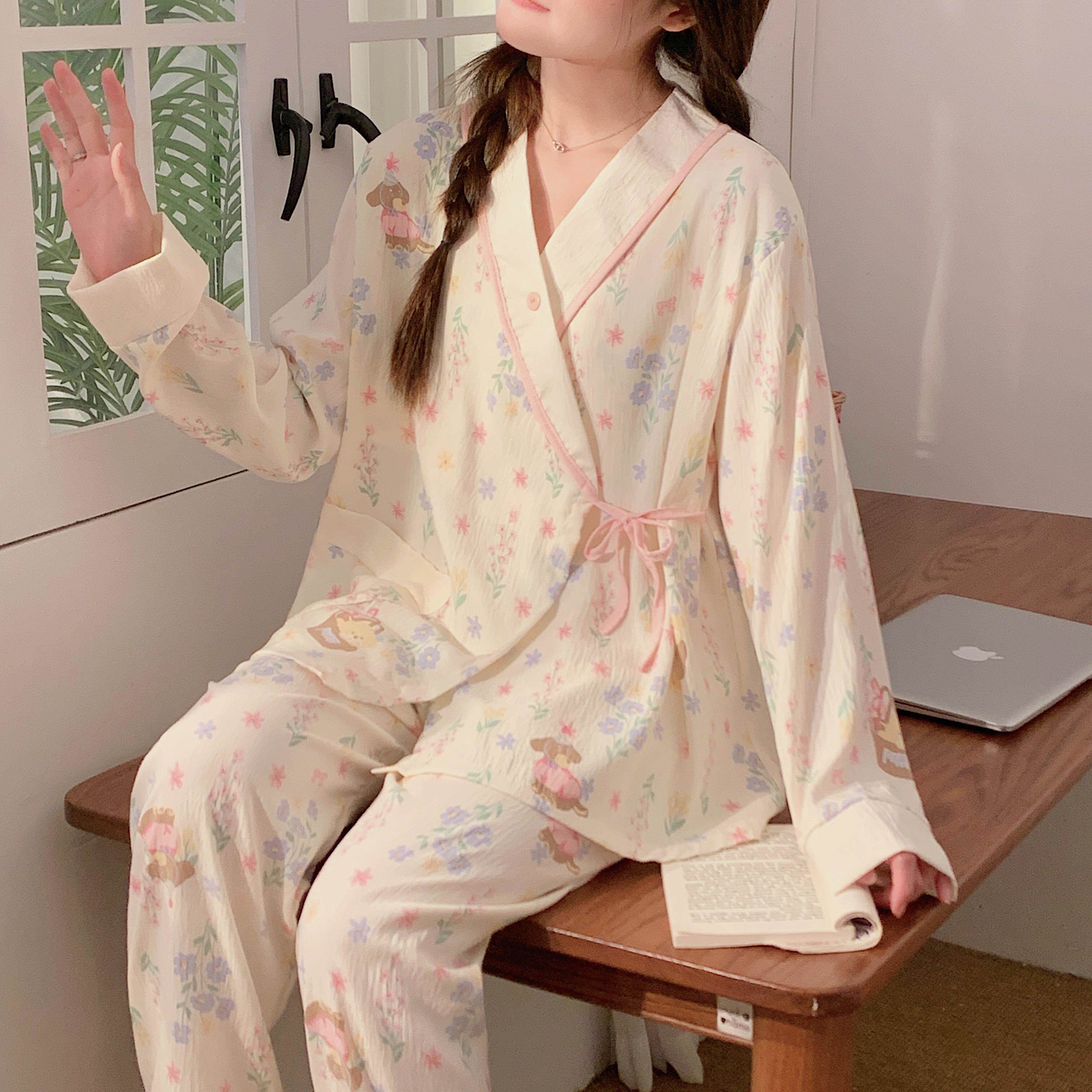 皱皱棉纱月子服夏季薄款产后带胸垫哺乳孕妇睡衣春秋7月份8家居服