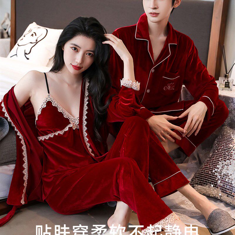 2套加厚红色睡衣情侣结婚晨袍性感冬季婚庆大码秋季高档婚用礼盒