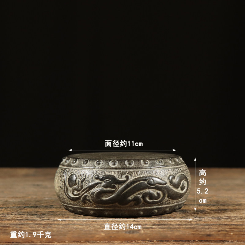 仿古石雕青石民俗怀旧龙戏珠石鼓杯座壶座中式复古摆件装饰品包邮