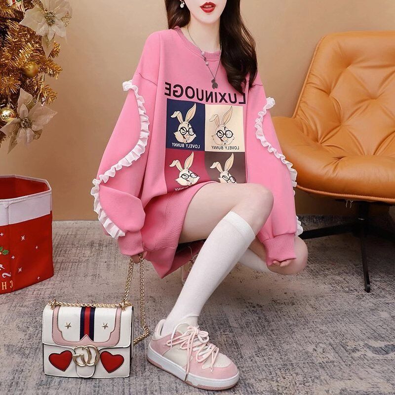 高级感美式卡通圆领卫衣女春秋薄款胖mm大码遮肚显瘦百搭长袖上衣