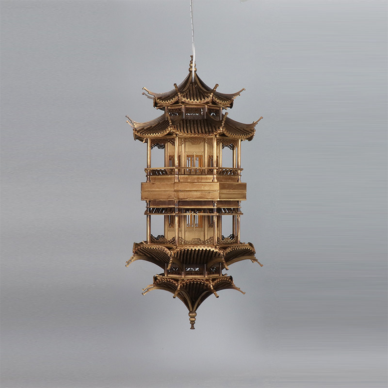 新中式镜像倒影古铜色八角塔凉亭工艺品样板房软装饰品电视柜摆件