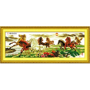 2021新款绣八马骏图十字绣成品机绣马到成功已绣好的出售大幅客厅