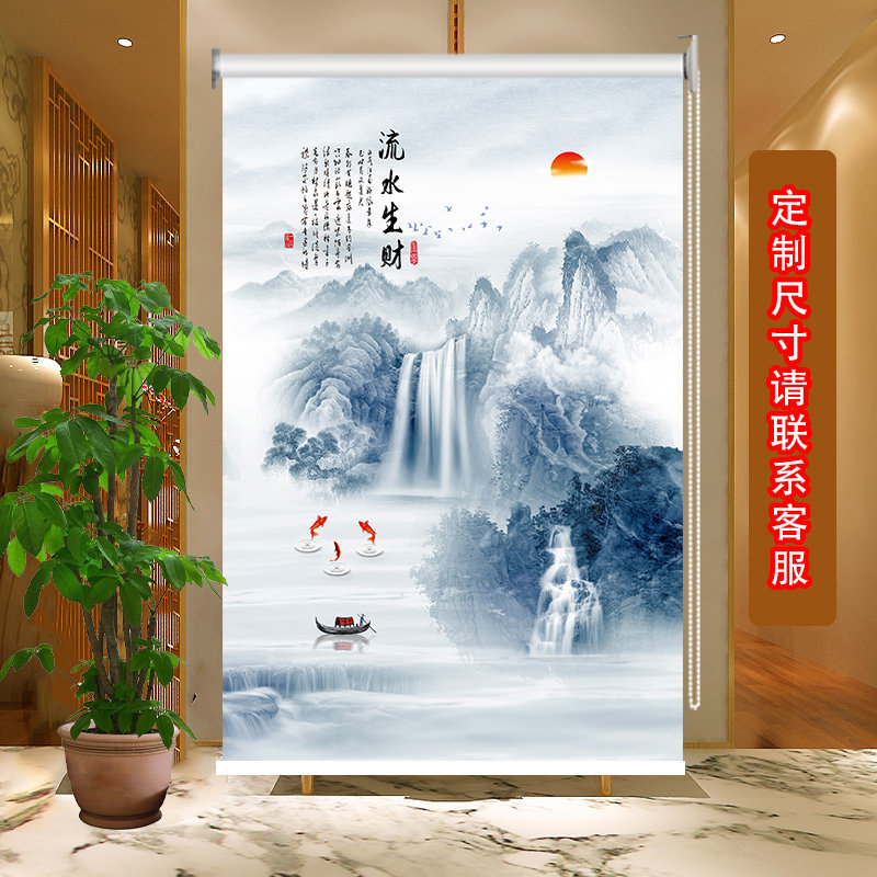 定制山水画卷帘办公室客厅厨房卫生间遮光防水上下卷拉式升降窗帘
