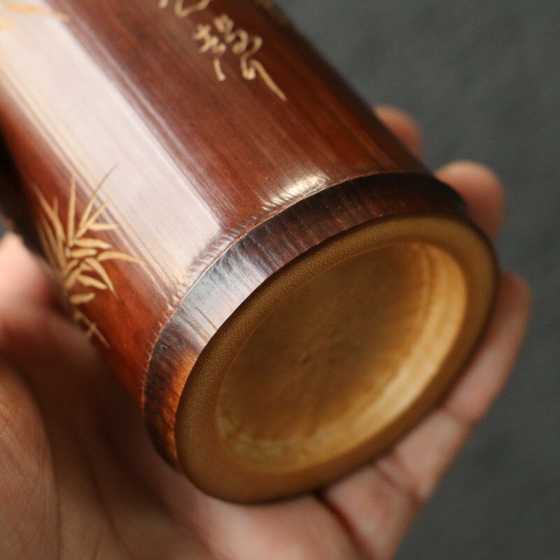 精品纯手工雕刻竹子图老煤竹茶叶罐一体底部竹节老竹茶仓茶筒