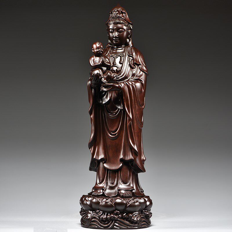 黑檀实木雕刻观音佛像摆件观世音菩萨家居客厅乔迁新居装饰工艺品