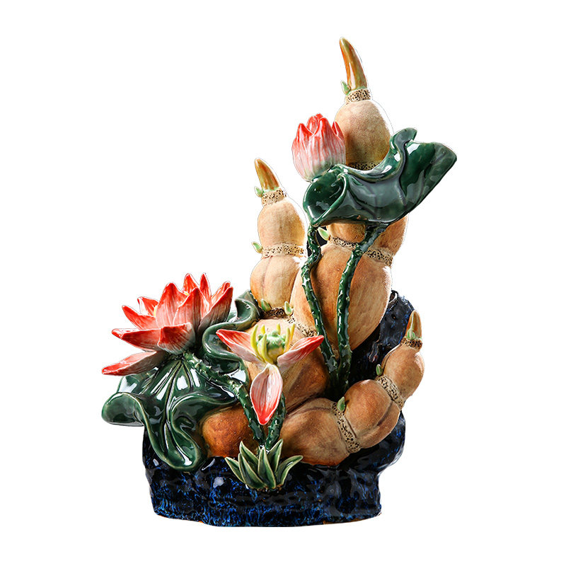 石湾陶瓷公仔招财客厅摆件家居玄关电视柜莲藕装饰品《节节高升》