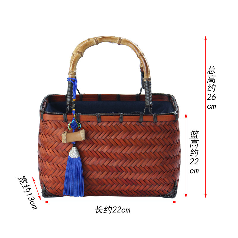 复古竹编包竹鞭提手文艺女青年休闲编织茶具手提包茶道方口收纳包