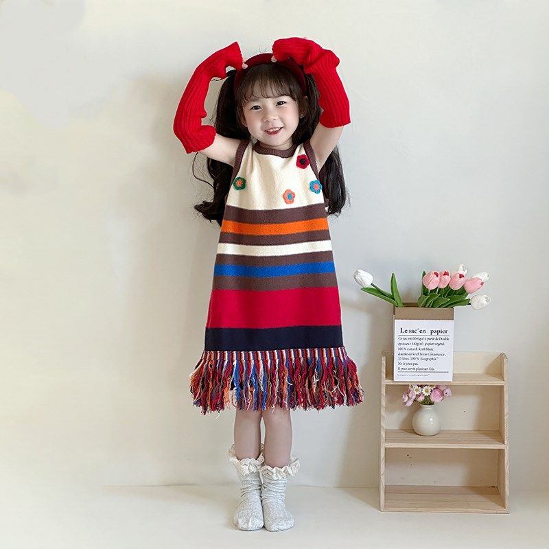 小蜜糖童装女童花朵毛衣裙秋冬新款儿童可爱条纹流苏针织背心裙潮
