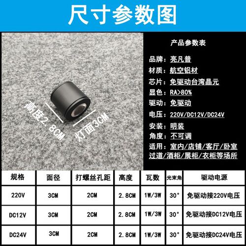 220V12V24V明装led迷你小射灯1W3瓦免打孔酒柜展柜摆件吸顶牛眼灯