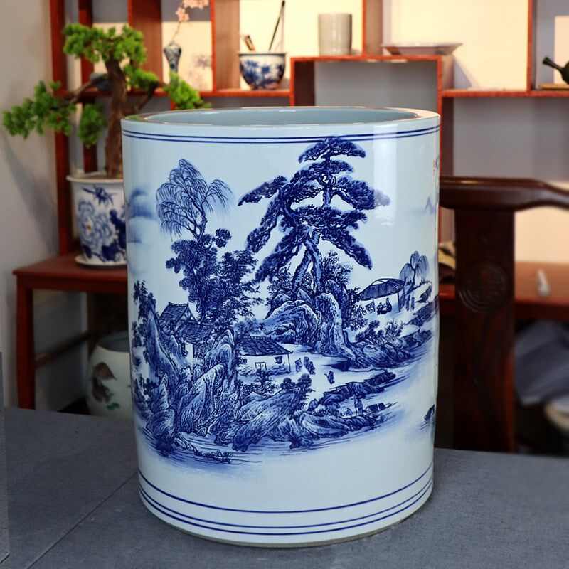 景德镇陶瓷器青花瓷山水箭筒书画筒书房收纳客厅中式种树种花花盆