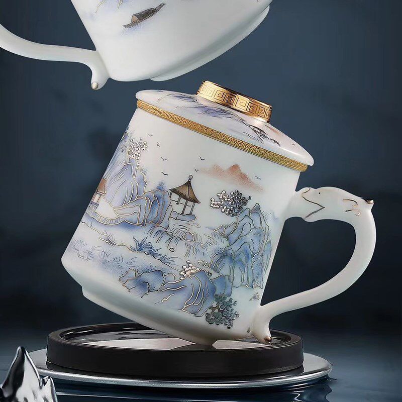 唐舍中式江山办公杯茶杯陶瓷带盖过滤喝茶杯办公家用泡茶礼品杯子