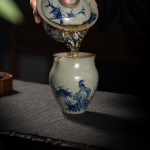 老陶泥青花瓷公道杯 手绘竹子兰花荷花均匀杯 复古开片茶具分茶器