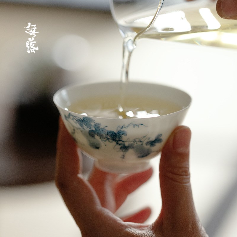 无落新品陶瓷茶杯白瓷薄胎大号主人杯茶具茶盏品茗杯青花手绘单杯