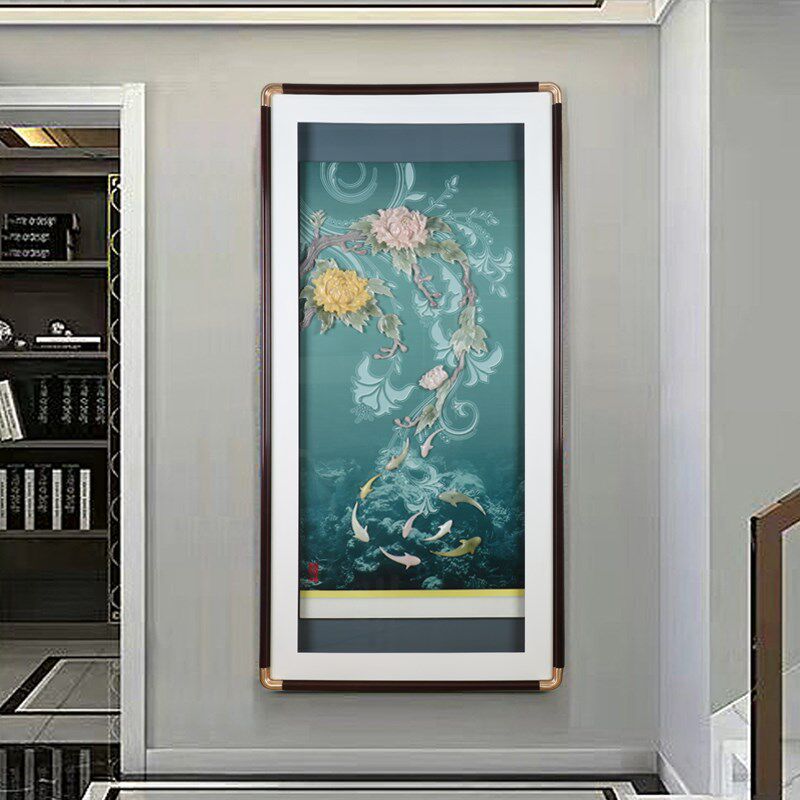新中式入户玄关装饰画玉雕竖版挂画客厅高档led灯画走廊过九鱼图