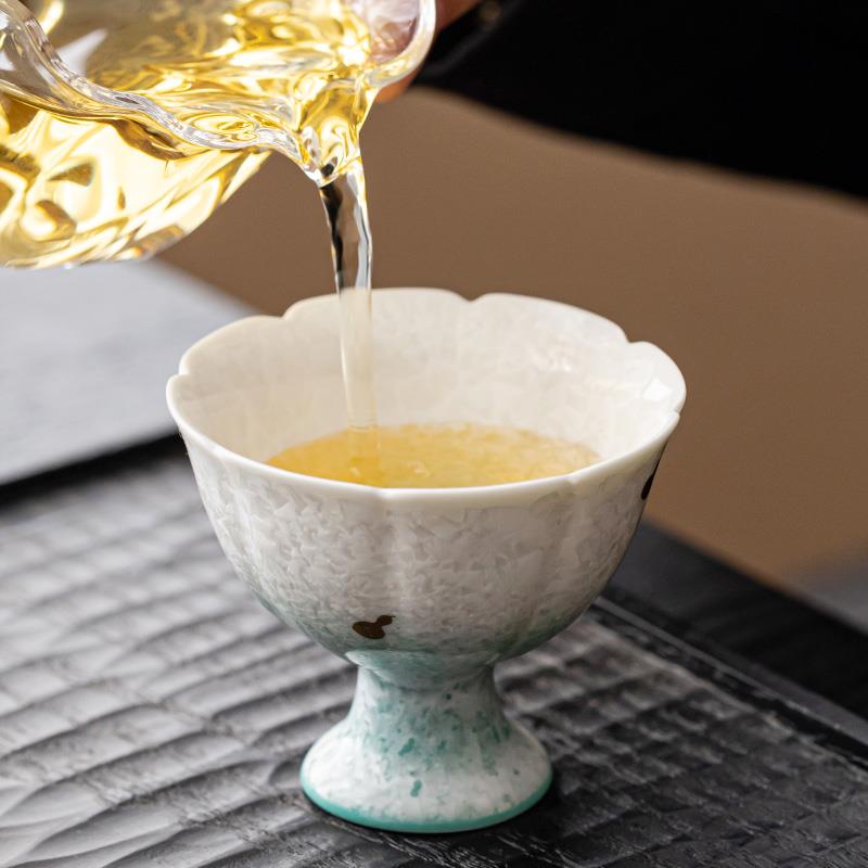 冰花结晶釉高足茶杯花瓣杯女士专用主人杯家用陶瓷品茗杯单杯礼盒