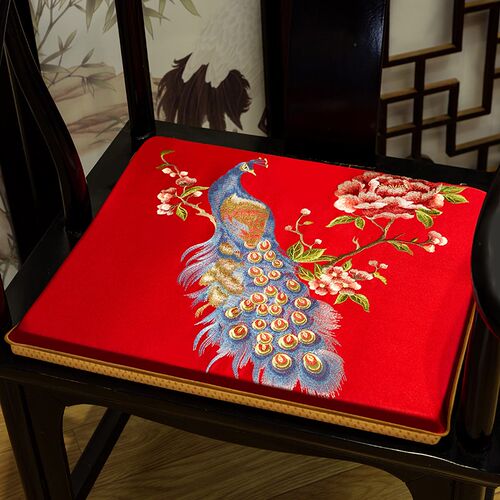 新中式孔雀牡丹绣花椅垫茶椅餐椅垫防滑太师椅圈椅实木椅垫定做