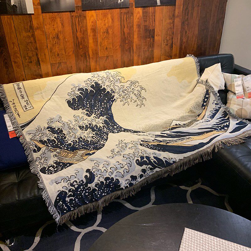浮世绘海浪休闲毯文艺术沙发毯 沙发巾毛毯盖毯床毯针织线毯 挂毯