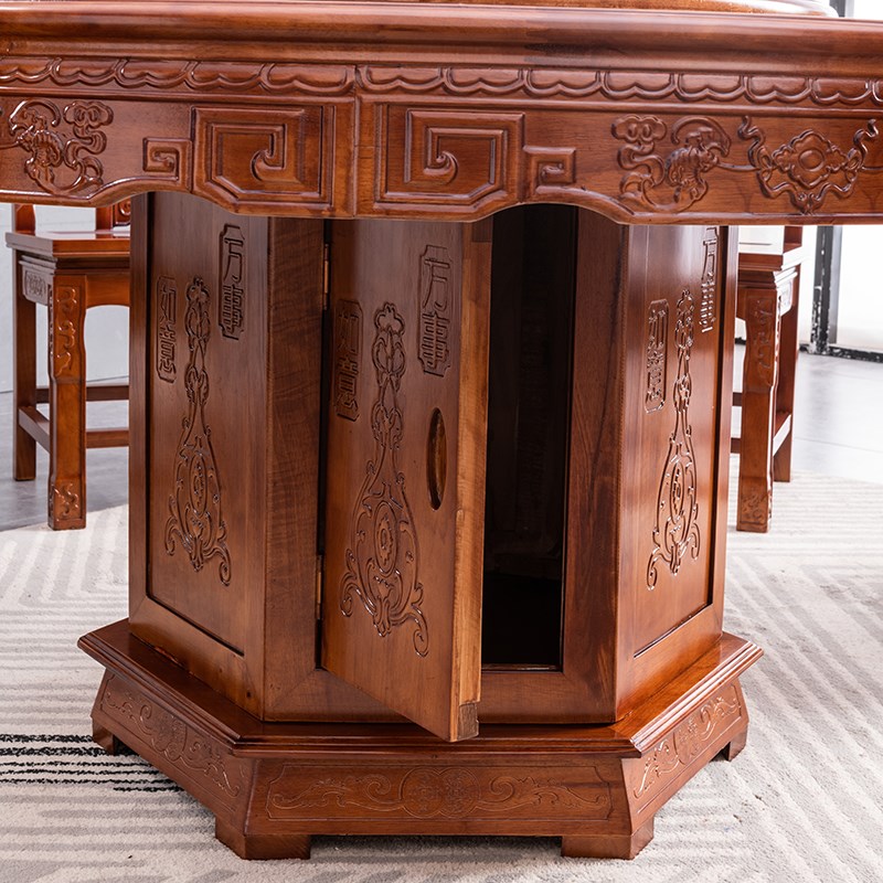 全实木餐桌椅组合中式明清仿古雕花圆形餐桌家用带转盘红木餐桌