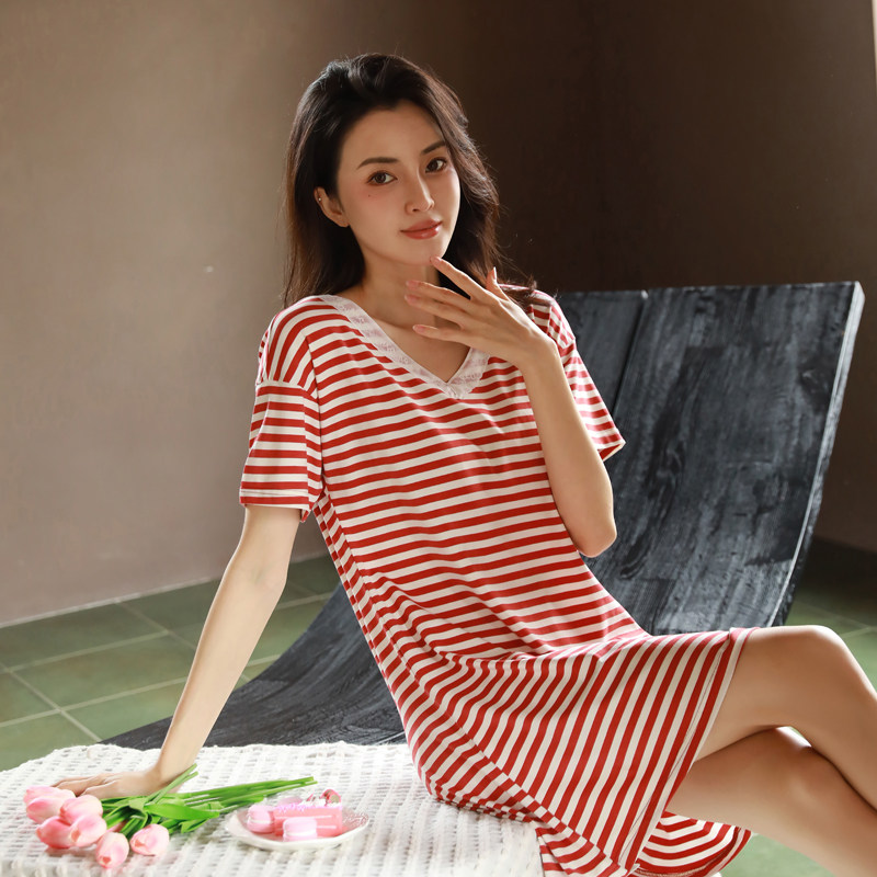 竹棉莫代尔带胸垫睡裙女夏季款蕾丝连衣裙短袖宽松条纹睡衣薄款