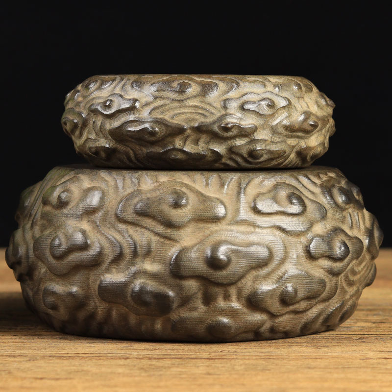 仿古老石头旧石墩青石雕刻摆件 祥云石鼓 茶台壶垫菩萨香炉底座