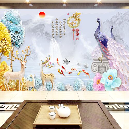 8d电视背景墙壁画5d麋鹿北欧轻奢浮雕布3d立体影视墙布家和万事兴