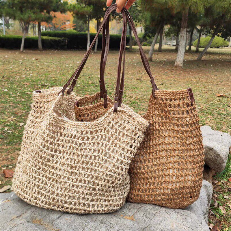 麻朵 棉麻手工编织袋 牛皮背绳钩织包