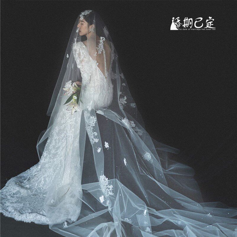 韩式超仙蕾丝头纱新娘长款拖尾主婚纱头饰影楼造型拍照道具女余爱