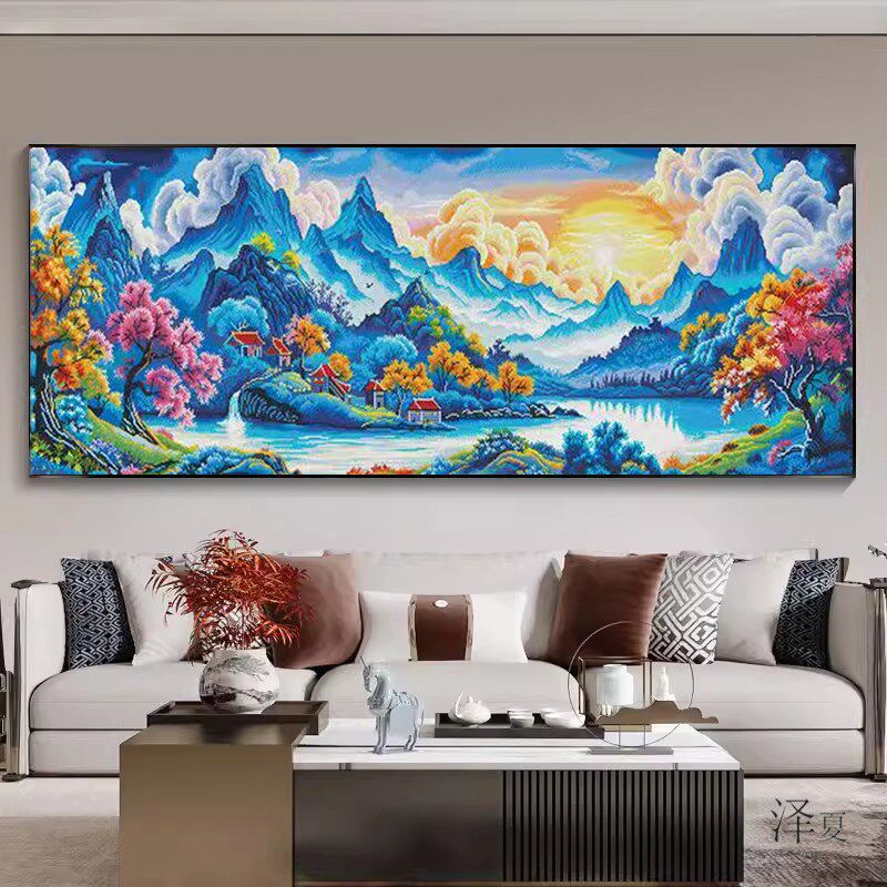 山水风景5d钻石画满钻2025新款客厅粘钻石贴十字绣聚宝盆办公室