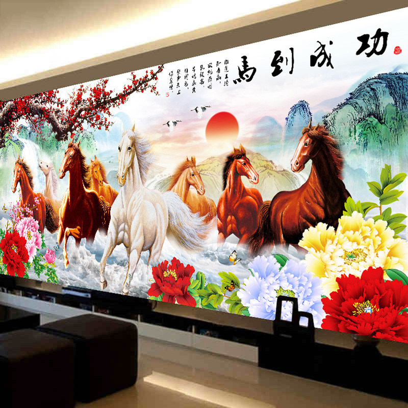 5d钻石画满钻客厅大幅牡丹花开富贵八骏图十字绣2022新款钻石绣