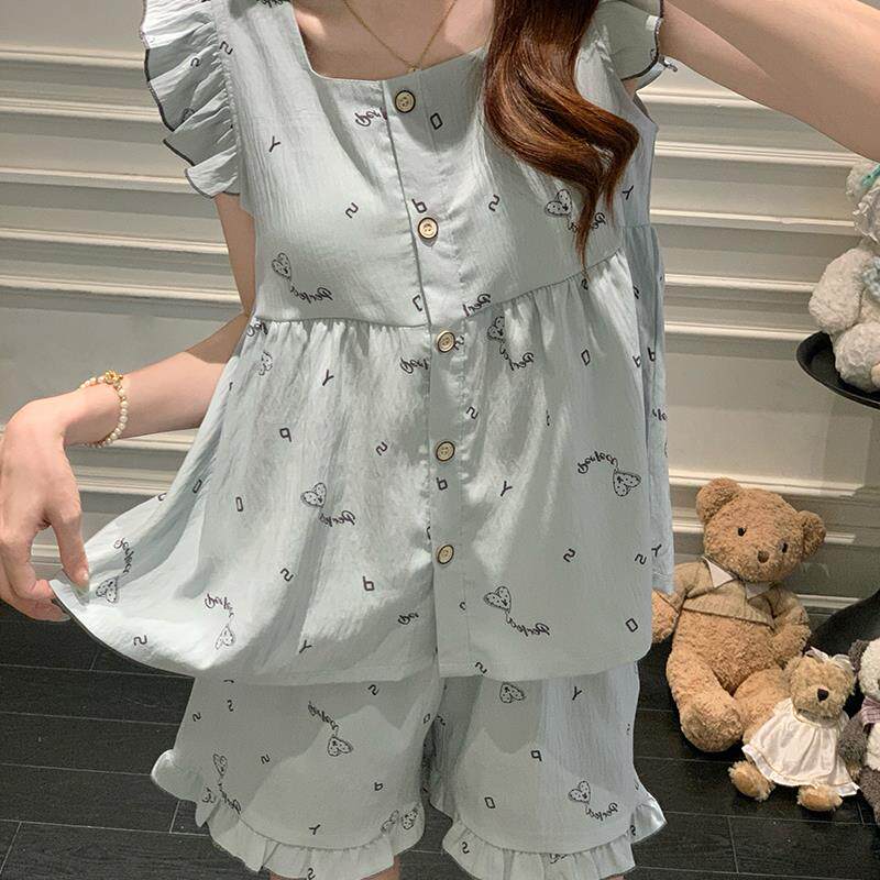 带胸垫睡衣女士夏天云朵棉薄款木耳边短裤带胸垫小个子家居服套装