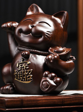 木雕摆件招财猫实木质雕刻店铺店面开业收银台摆设红木头工艺礼品