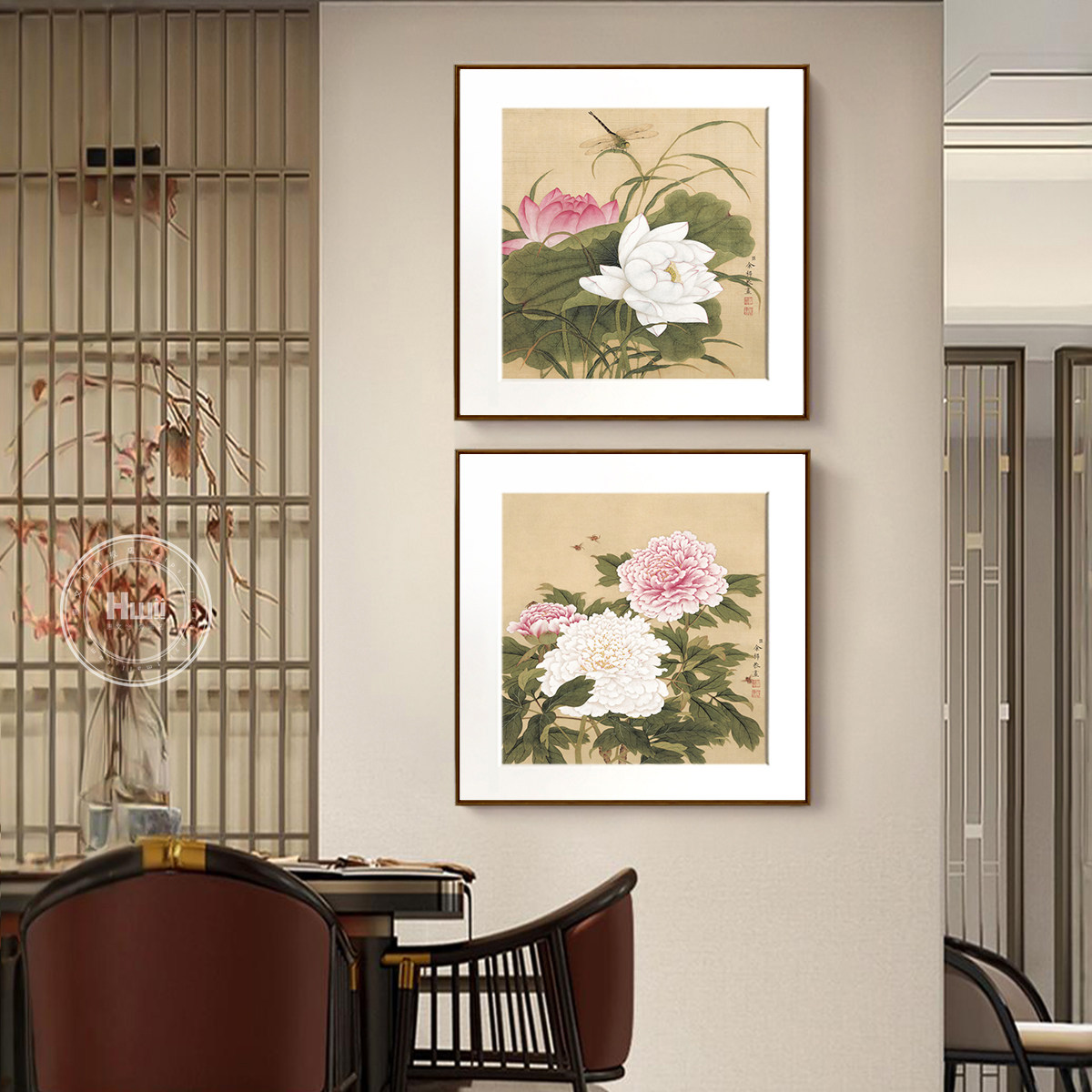 余恭花鸟画玉兰梅荷菊牡丹花新中式餐厅装饰画客厅绢丝国画挂画