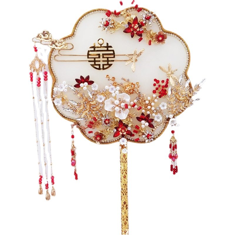 红色冰蓝中式喜扇新娘秀禾服汉服团扇婚纱手捧花束DIY材料包成品
