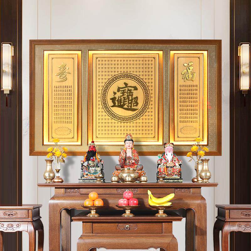 中式招财进宝佛堂供桌后背景画入户玄关画实木雕刻挂画客厅装饰画