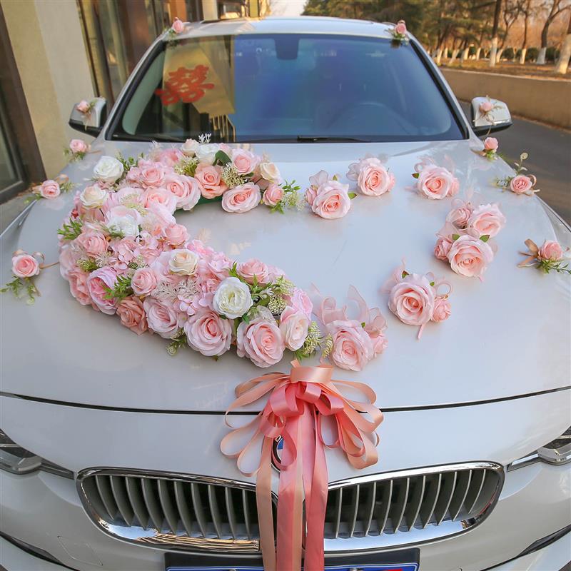 2026粉色心形主婚车装饰车头花套装仿真花结婚礼车队拉花用品吸盘