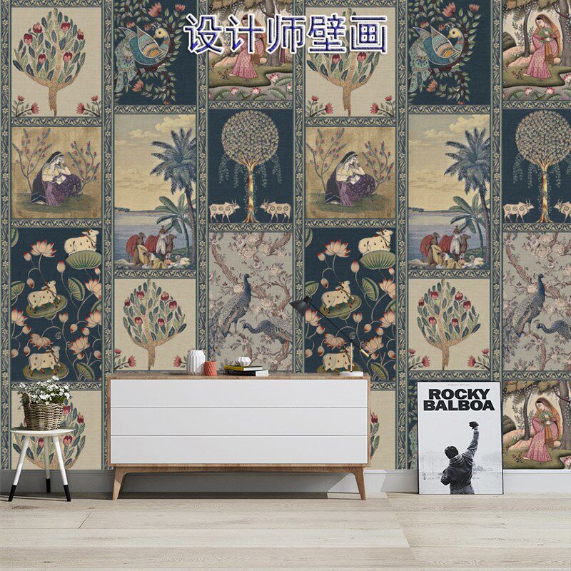 欧式复古背景墙壁布高级感沙发墙布植物人物拼图墙纸卧室壁纸壁画