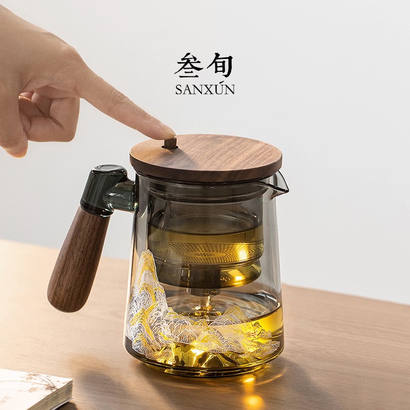 叁旬千里江山飘逸杯泡茶壶家用玻璃茶水分离懒人神器高档茶具套装
