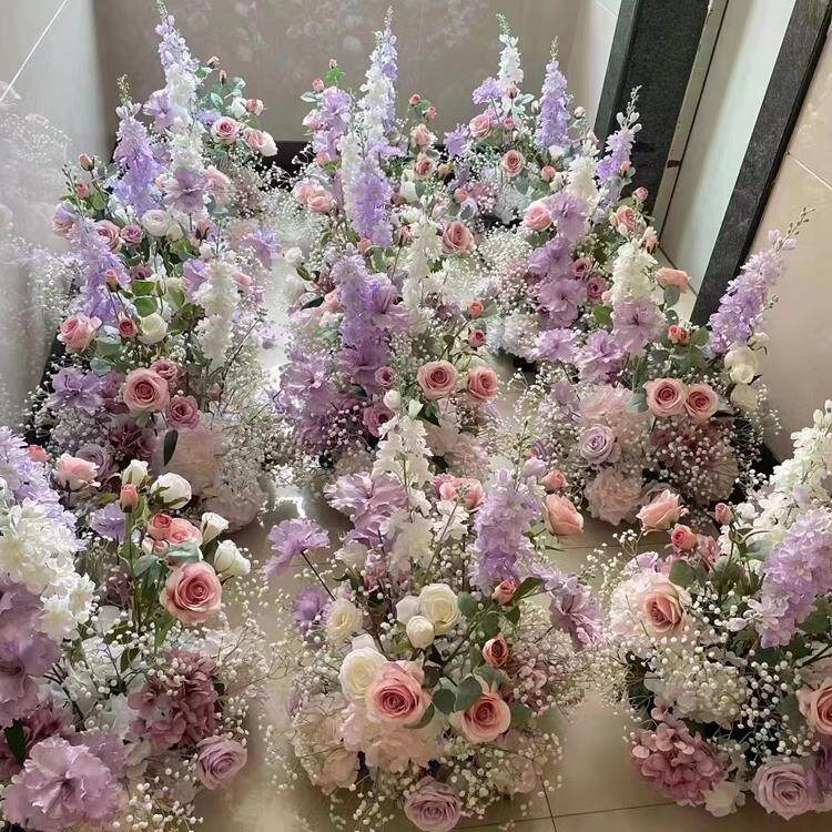 成品婚礼现场花艺排花地排花满天星玫瑰假花 T台路引花排装饰花