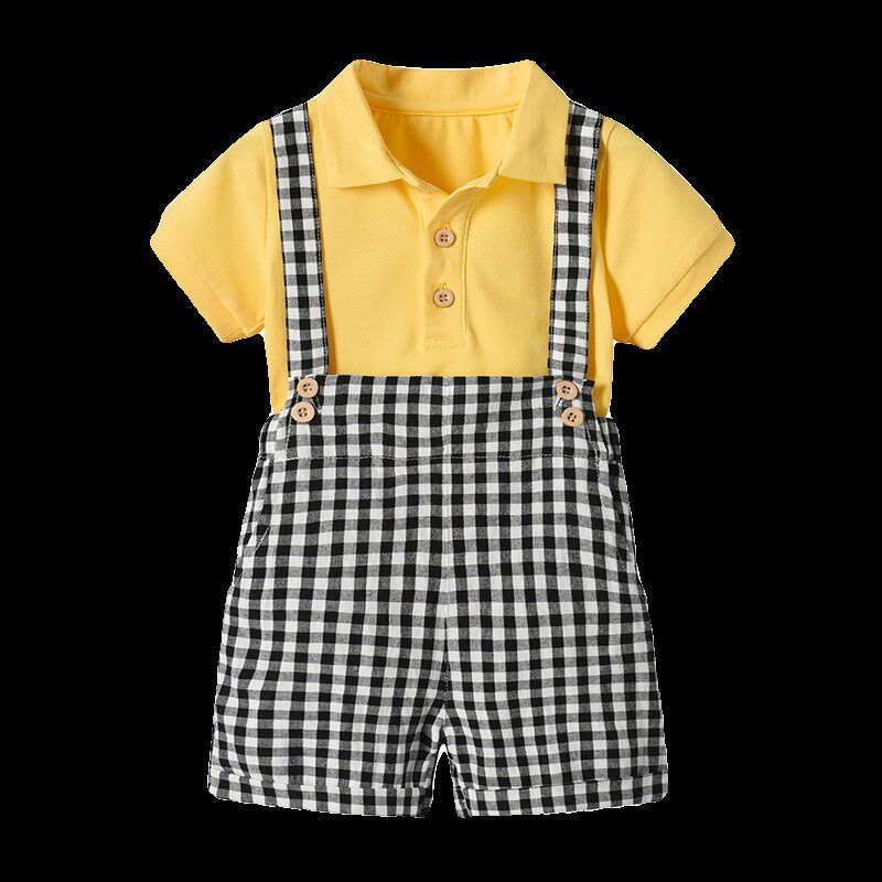 英伦夏季男童背带裤套装短袖polo领T恤男宝周岁生日礼服表演园服