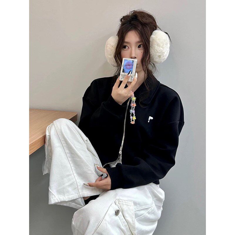 黑色方领短款拉链卫衣外套女春秋2024新款宽松开衫小个子夹克上衣